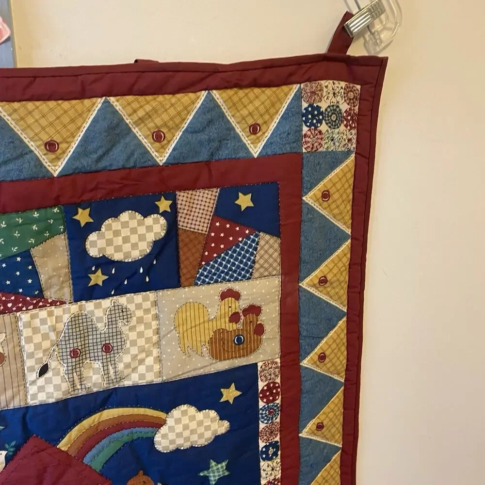 VTG Novelty Quilt Handmade Baby Blanket NurseryRoom Farm Nature Education Theme